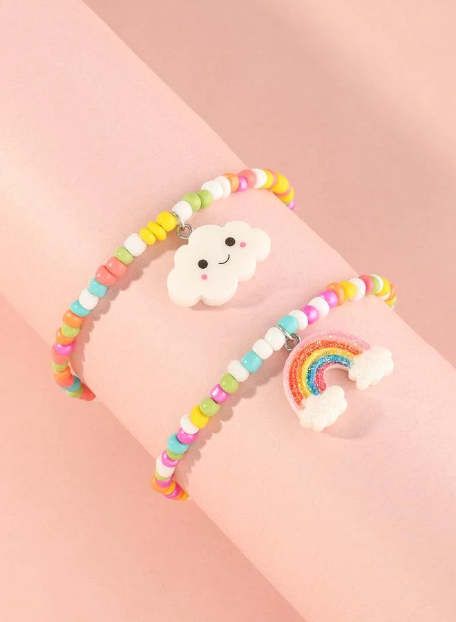 Pack of 2 - Girls Multi-Color Cloud and Rainbow Charms Beaded Bracelet