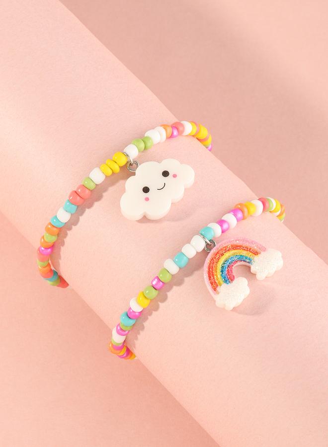 Take Two Pack of 2 - Girls Multi-Color Cloud and Rainbow Charms Beaded Bracelet - Image 1