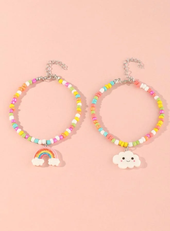 Take Two Pack of 2 - Girls Multi-Color Cloud and Rainbow Charms Beaded Bracelet