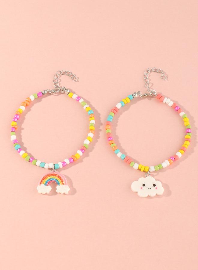 Take Two Pack of 2 - Girls Multi-Color Cloud and Rainbow Charms Beaded Bracelet - Image 2