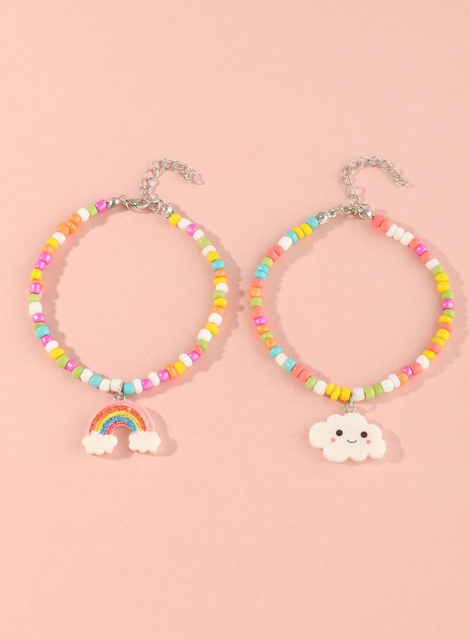 Take Two Pack of 2 - Girls Multi-Color Cloud and Rainbow Charms Beaded Bracelet - Image 3