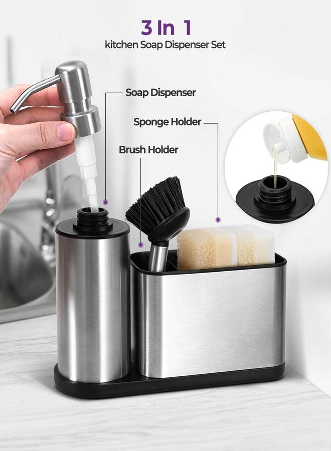 ODesign Kitchen Soap Dispenser Set - 3 in 1, Stainless Steel Dish Soap Dispenser with Sponge Holder, Dish Brush & Brush Holder, Kitchen Sink Caddy Organizer for Countertop - Rustproof, Non-Slip - Image 3