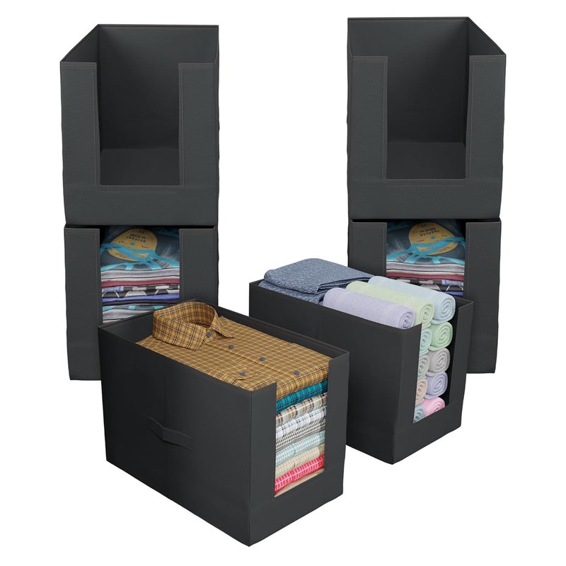 Kuber Industries Pack of 6 NonWoven Shirt Stacker For Storage Foldable WardrobeCloset Organizer For Saree Shirt Pant Dress Foldable and Stackable Storage Box Plain Black - Image 1