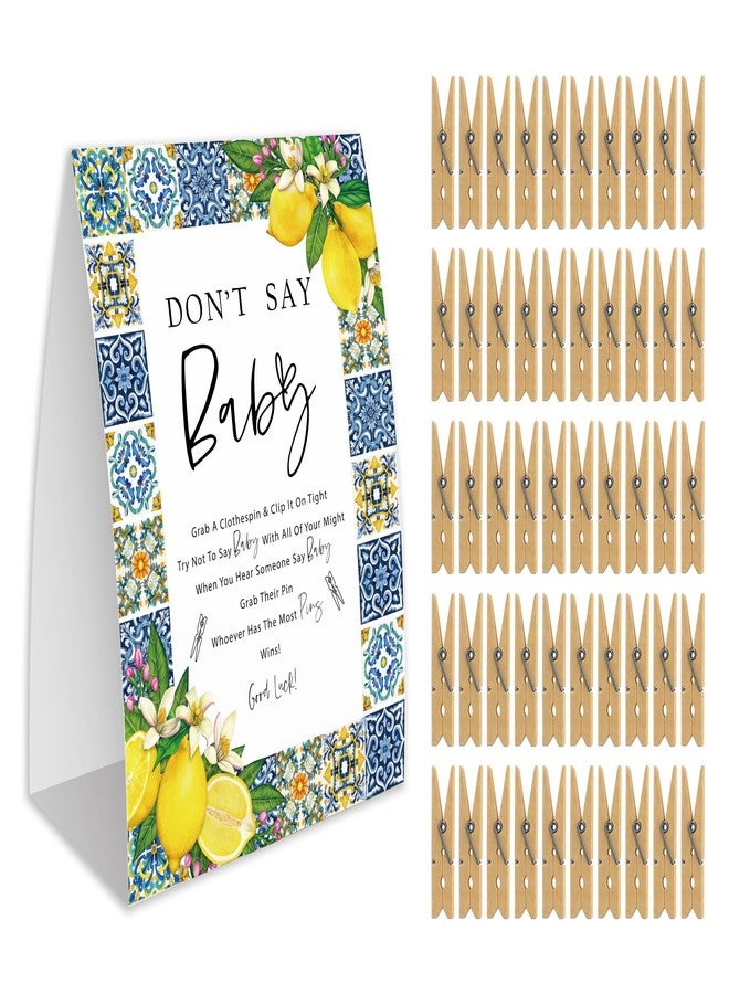 Xenseou Don't Say Baby Game for Baby Shower, 50 Wooden Clothespins and one Sign, Positano Blue Tiles Lemon Mediterranean Theme, Pins for Baby Shower Decorations, Gender Reveal Games Baby Shower Supplies-BB32 - Image 1