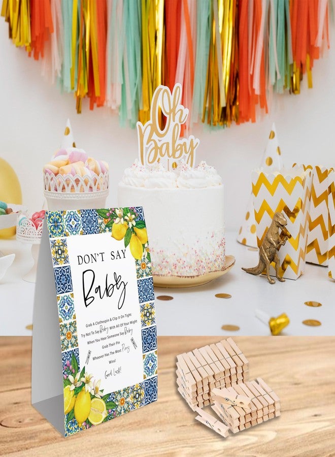 Xenseou Don't Say Baby Game for Baby Shower, 50 Wooden Clothespins and one Sign, Positano Blue Tiles Lemon Mediterranean Theme, Pins for Baby Shower Decorations, Gender Reveal Games Baby Shower Supplies-BB32 - Image 5