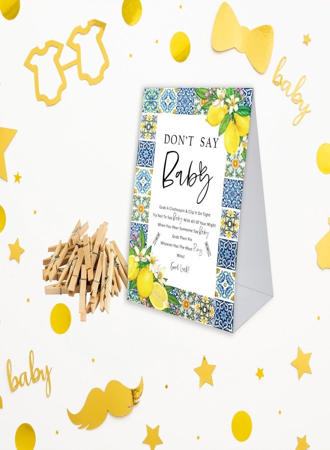 Xenseou Don't Say Baby Game for Baby Shower, 50 Wooden Clothespins and one Sign, Positano Blue Tiles Lemon Mediterranean Theme, Pins for Baby Shower Decorations, Gender Reveal Games Baby Shower Supplies-BB32 - Image 3