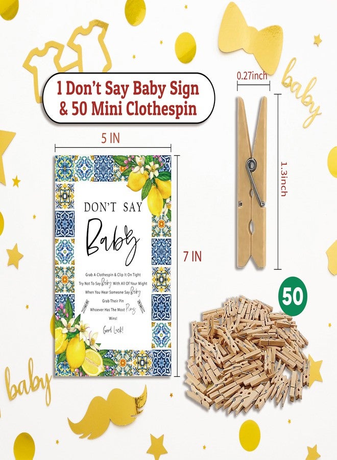 Xenseou Don't Say Baby Game for Baby Shower, 50 Wooden Clothespins and one Sign, Positano Blue Tiles Lemon Mediterranean Theme, Pins for Baby Shower Decorations, Gender Reveal Games Baby Shower Supplies-BB32 - Image 4