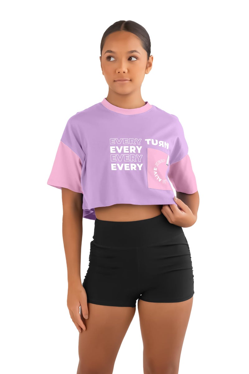 KYDA KIDS® Girls Printed Half Sleeve Cotton Crop Top (Pack of 1) Lavender - Image 3