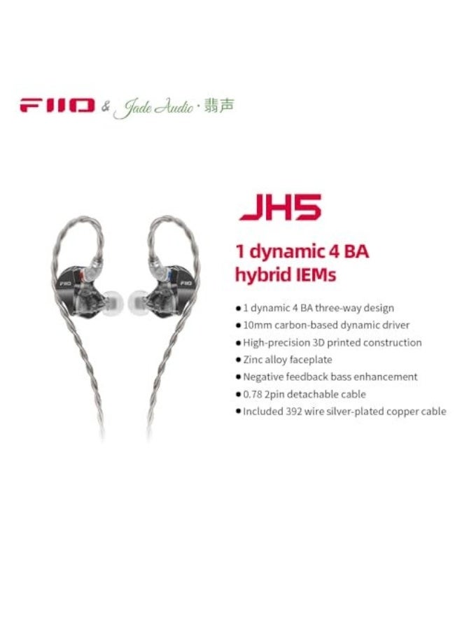 FiiO/JadeAudio JH5 1DD+4BA Hybrid 5 Drivers HiFi in-Ear Monitors Earphone, Detachable 0.78mm 2 Pin Cable 3.5mm Plug for Audiophile/Musician (Black) - Image 2