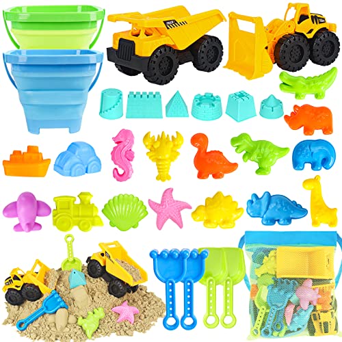 FHOZGECY Beach Toys Sand Toys for Kids Boys and Girls with 2 Construction Vehicle 2 Collapsible Bucket Sand Castle Building Kit Sand Molds Mesh Bag Outdoor Toys for Kids Ages 48 - Image 1
