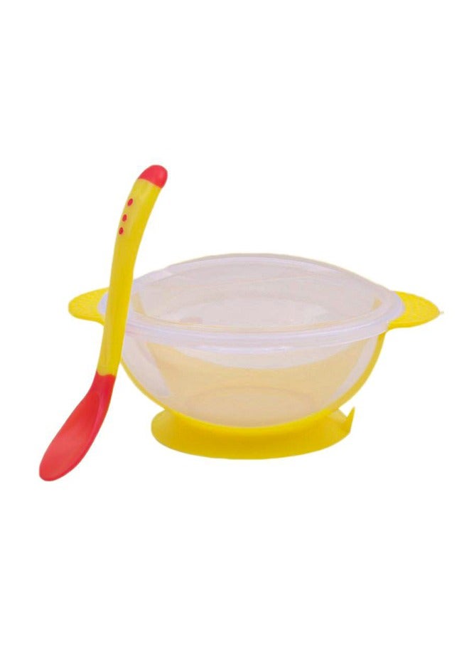 Sharpdo Suction Feeding Bowl with Temperature Sensing Spoon for Baby Silicone Non-Toxic Odourless and Harmless Material  BPA Free Dessert Food Feeding Tableware Set for Kids Yellow - Image 1