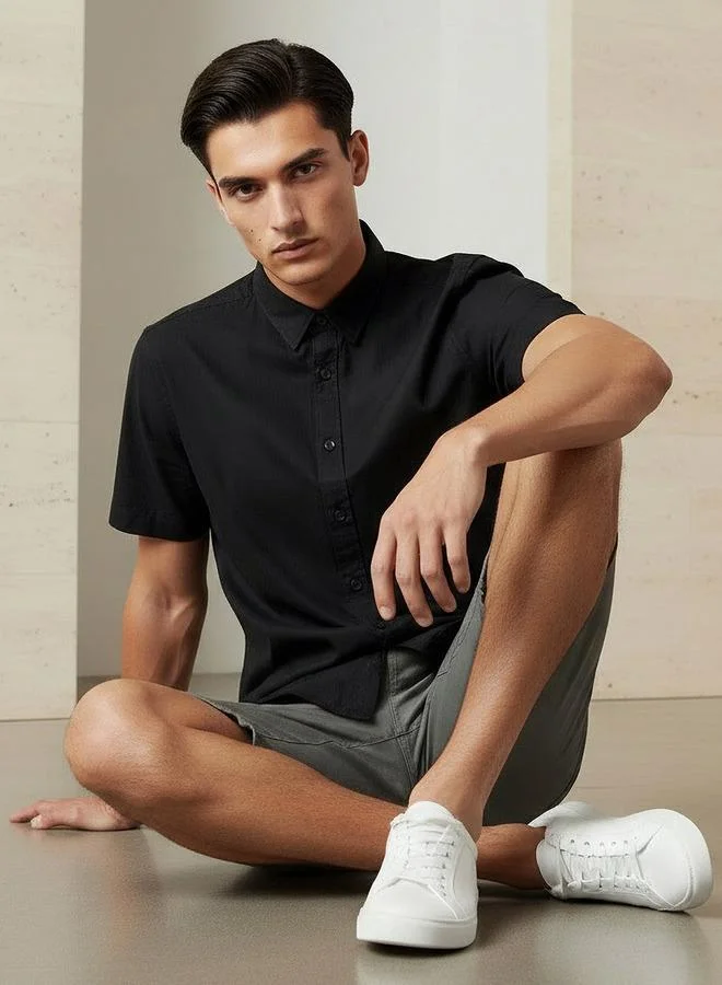 Splash FAV BLACK Men Regular Fit Button Down Collar Short Sleeve Shirt for Men | Best Price UAE