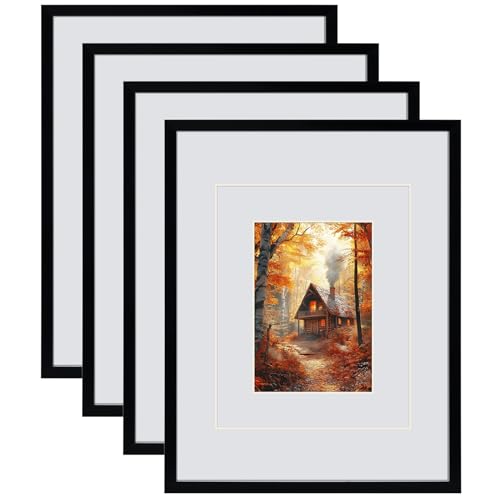 Serwrsw 11x14 Black Picture Frame with Double White Mat 4 Pack, 11 by 14 Family Wedding Frame Fits 3 Photo Sizes, with Mat for 5x7 or 8x10, without Mat for 11x14, Display on Tabletop or Wall - Image 1