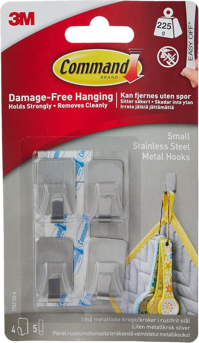Command Stainless Steel Metal Small Hook| holds 225 gr. each hook | Silver color | Organize | Decoration | No Tools | Holds Strongly | Damage-Free Hanging | 4 hooks + 5 strips/pack - Image 1