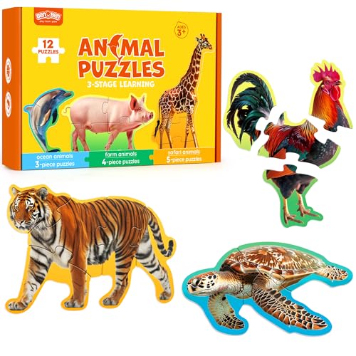 BenBen Puzzles for Toddlers 2412 Animal Puzzles 3 Levels StepbyStep ColorCoded Jigsaw Puzzles 48 Pieces Total Educational Montessori Toys for Preschool Girls Boys - Image 1