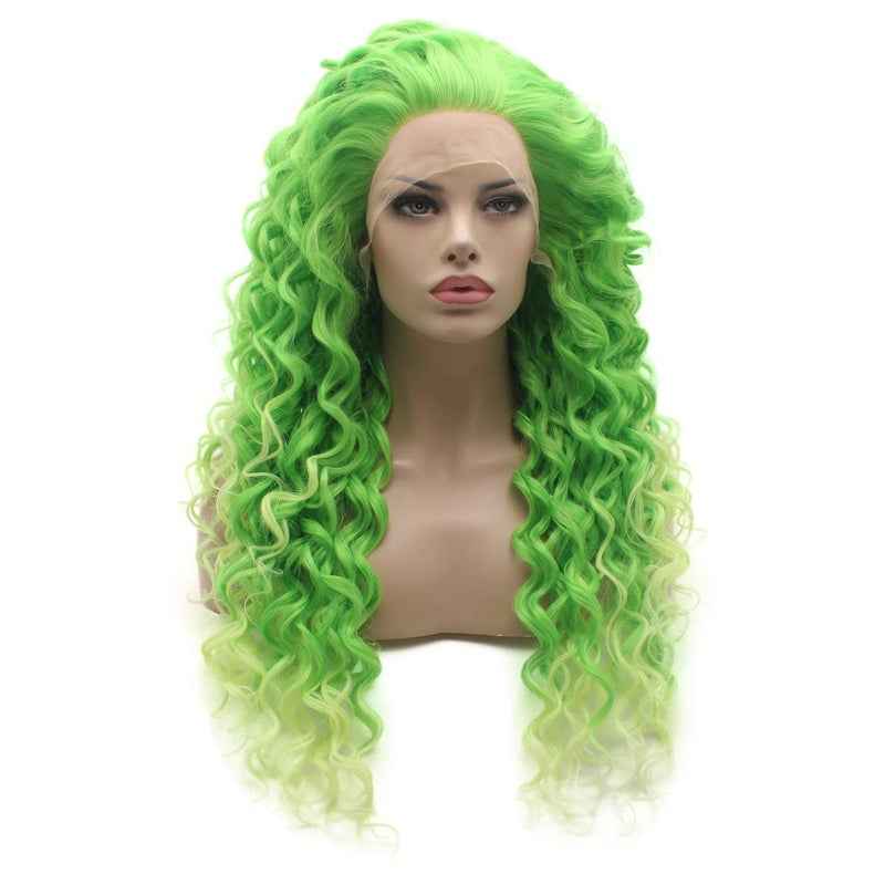 Lushy Lushy Kinky Curly Long 26inch Green Root Light Green Ombre Wig Heavy Density Heat Resistant Synthetic Lace Front Wig 