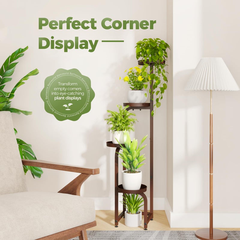 Bamworld Corner Plant Stand Indoor Outdoor, Tall Metal Flower Pot Stands for Multiple Plants, 4 Tier Brown Heavy Duty Plant Shelf for Patio Garden Balcony Living Room Bedroom(Patent Design) - Image 3