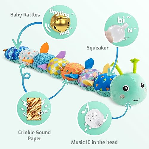Sumobaby Baby Toys Musical Caterpillar, Stuffed Animal Activity Soft Toys with Teether,Multi-Sensory Crinkle, Rattle and Textures, for Tummy Time Baby Toys 0 to 12 Months Boys,Girls,Caterpillar(Blue) - Image 3