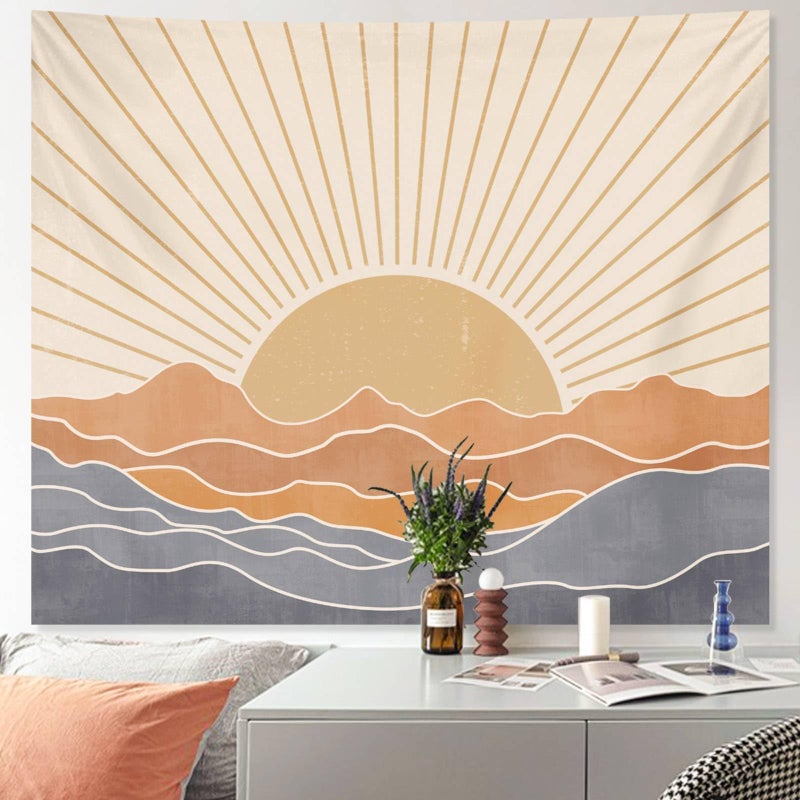 Apdidl Boho Tapestry Wall Hanging for Bedroom Aesthetic Bohemian Vintage 70s Rainbow Sun Tapestries for Living Room Retro Hippie Sunset Sea Wall Tapestry for Dorm Room Decor 51 X 60