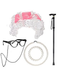 Halloween Granny Wig Cosplay Kids Elderly Costume Set White large Roll hair powder six-piece set