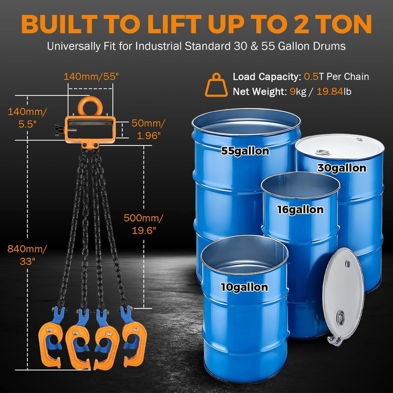 BEAMNOVA Upgraded Chain Drum Lifter, 2 Ton / 4400lbs Loading Capacity, for 55 Gallon Drums, Forklift Hoist Crane Metal Plastic Barrel Double Lifting Chains, 4 Hooks & Chains - Image 2