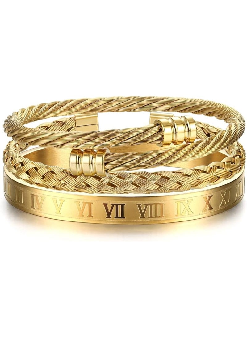 3 قطع أساور من الفولاذ المقاوم للصدأ للرجال سوار الأرقام الرومانية سوار قابل للتعديل سوار كابل ملتوي أساور فاخرة للرجال مجوهرات هدايا للرجال - Image 1