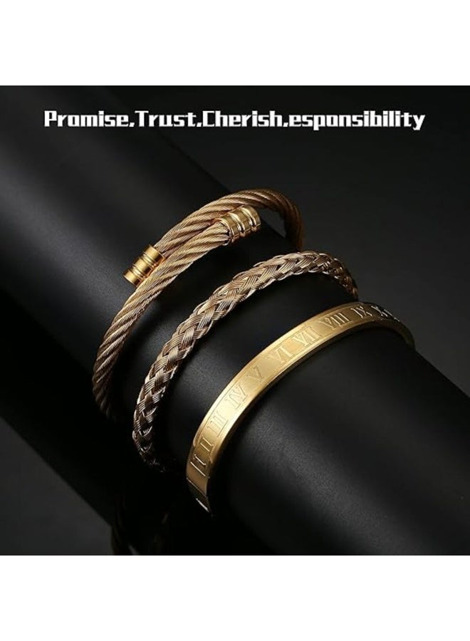 3 قطع أساور من الفولاذ المقاوم للصدأ للرجال سوار الأرقام الرومانية سوار قابل للتعديل سوار كابل ملتوي أساور فاخرة للرجال مجوهرات هدايا للرجال - Image 5