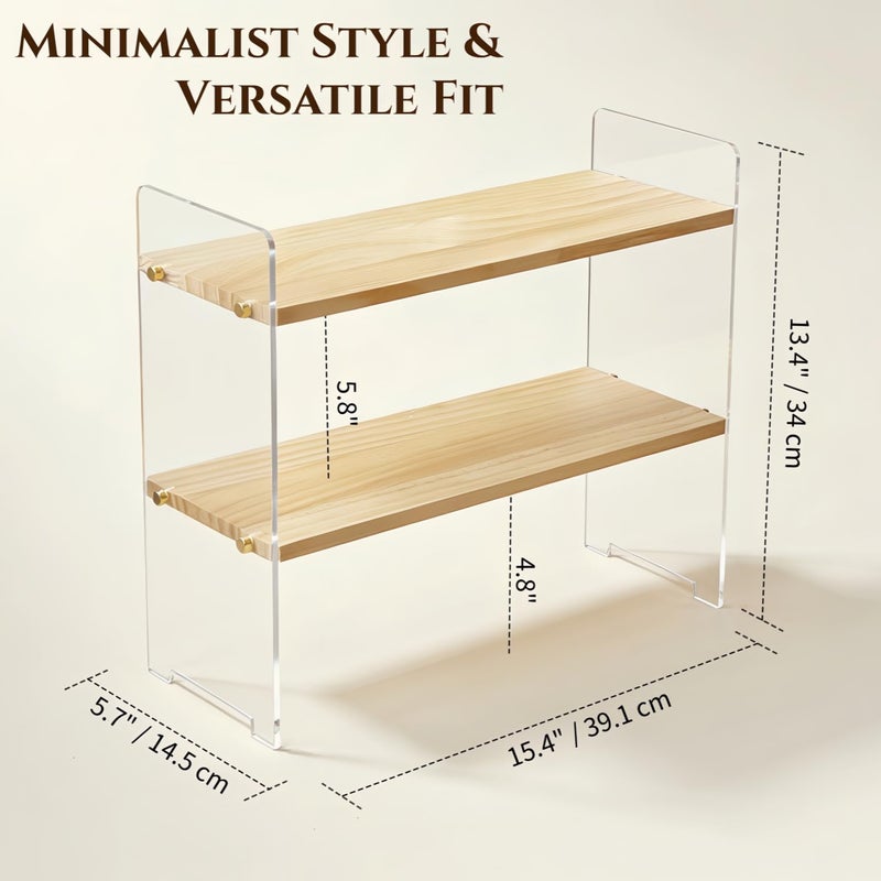 ReeGii Coffee Station Organizer 2 Tier, Solid Wood Mug Shelf for Coffee Bar,Matcha Station,Tea Storage - Holds Mugs,Beans,Syrup,Cups,Tirrers (Transparent Acrylic, 15.4" L x 5.7" W x 13.4" H) - Image 2