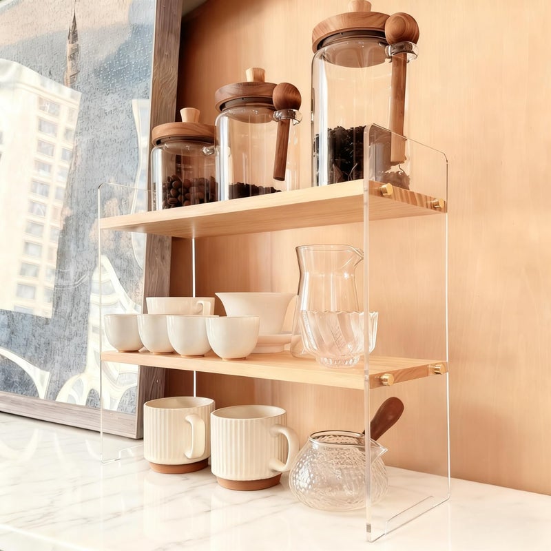 ReeGii Coffee Station Organizer 2 Tier, Solid Wood Mug Shelf for Coffee Bar,Matcha Station,Tea Storage - Holds Mugs,Beans,Syrup,Cups,Tirrers (Transparent Acrylic, 15.4" L x 5.7" W x 13.4" H) - Image 1