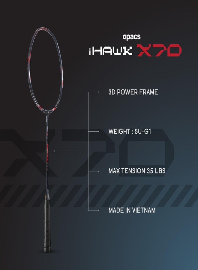 أباك مضرب تنس الريشة Apacs iHawk X70 (بدون أوتار) مصنوع بالكامل من الجرافيت وألياف الكربون فائقة القوة (75-79 غرام) | أقصى شد 35 رطلاً | إطار ثلاثي الأبعاد | صنع في فيتنام، مضرب تنس ريشة بغطاء كامل (أسود) (متعدد الاستخدامات) - Image 3