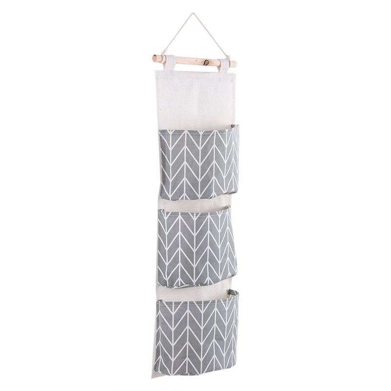 Grey Wall Hanging Storage Bag With 3 Pockets And Wooden Pole For Bedroom Living Room - Image 2
