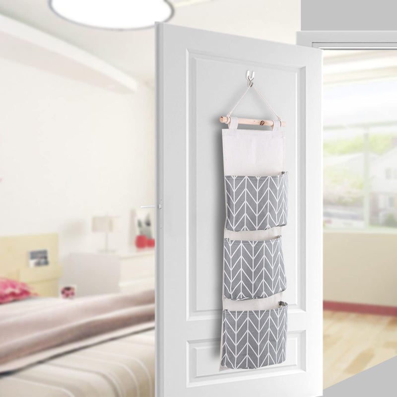 Grey Wall Hanging Storage Bag With 3 Pockets And Wooden Pole For Bedroom Living Room - Image 3