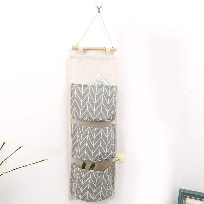 Grey Wall Hanging Storage Bag With 3 Pockets And Wooden Pole For Bedroom Living Room - Image 5
