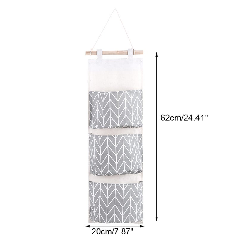 Grey Wall Hanging Storage Bag With 3 Pockets And Wooden Pole For Bedroom Living Room - Image 4