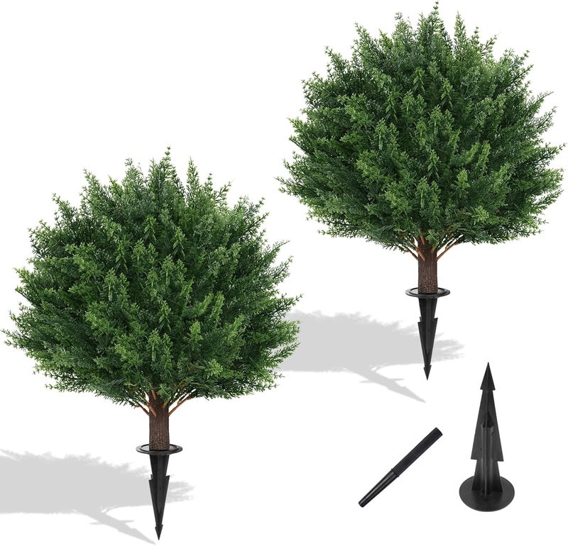 Yangrass Artificial Set of 2 Cedar Topiary Ball Trees 23" for Outdoors with Ground Spike, UV Resistant Faux Cypress Plants, Evergreen Shrubs Bushes for Front Porch Garden Backyard Decor - Image 1