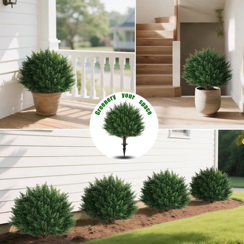 Yangrass Artificial Set of 2 Cedar Topiary Ball Trees 23" for Outdoors with Ground Spike, UV Resistant Faux Cypress Plants, Evergreen Shrubs Bushes for Front Porch Garden Backyard Decor - Image 4