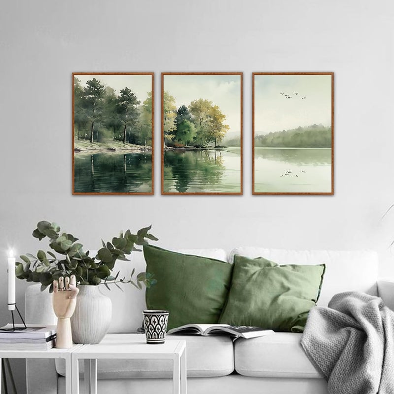 KAIRNE Framed Nature Canvas Wall Art Set,Misty Forest Wall Decor,Green Mountain Forest Pictures,Lake Water Painting set of 3(16â€x24â€),Landscape Scene Print for Living Room, Bedroom,Gallery Decor - Image 2