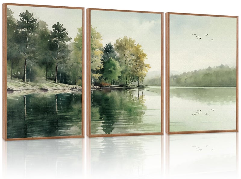 KAIRNE Framed Nature Canvas Wall Art Set,Misty Forest Wall Decor,Green Mountain Forest Pictures,Lake Water Painting set of 3(16â€x24â€),Landscape Scene Print for Living Room, Bedroom,Gallery Decor - Image 1