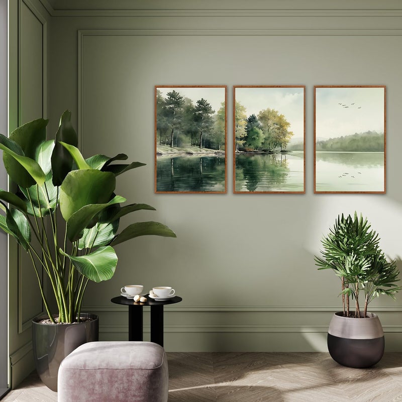 KAIRNE Framed Nature Canvas Wall Art Set,Misty Forest Wall Decor,Green Mountain Forest Pictures,Lake Water Painting set of 3(16â€x24â€),Landscape Scene Print for Living Room, Bedroom,Gallery Decor - Image 3