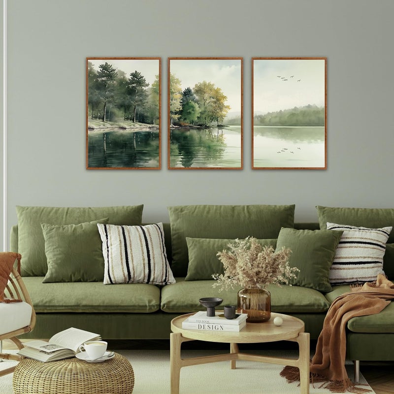 KAIRNE Framed Nature Canvas Wall Art Set,Misty Forest Wall Decor,Green Mountain Forest Pictures,Lake Water Painting set of 3(16â€x24â€),Landscape Scene Print for Living Room, Bedroom,Gallery Decor - Image 4