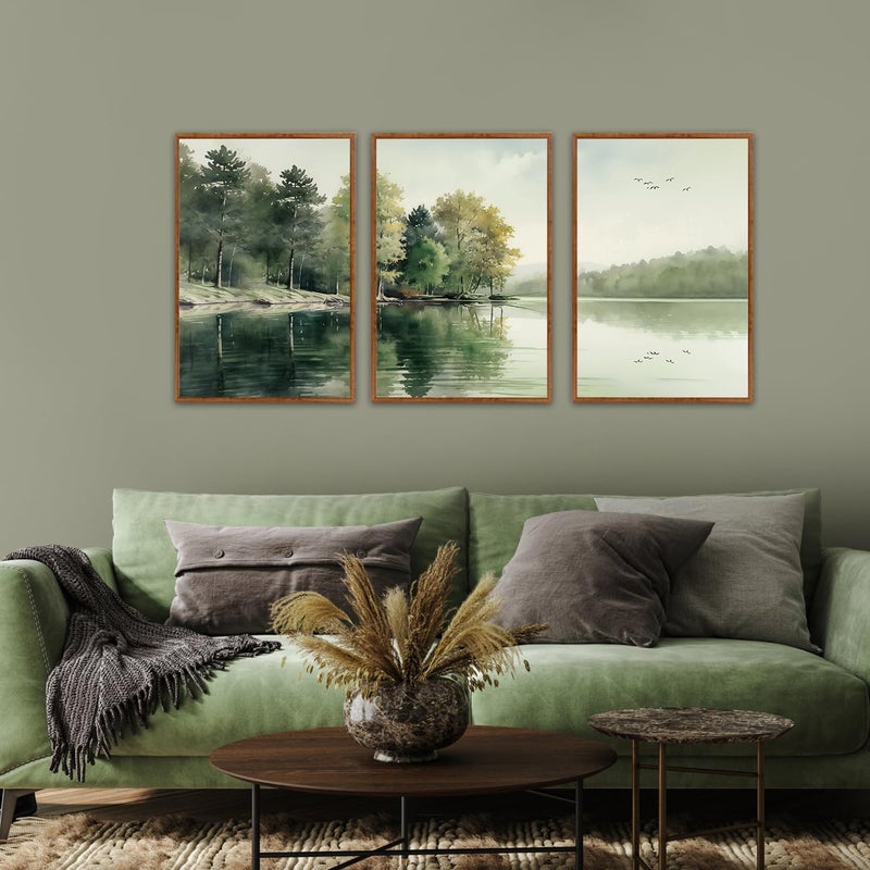 KAIRNE Framed Nature Canvas Wall Art Set,Misty Forest Wall Decor,Green Mountain Forest Pictures,Lake Water Painting set of 3(16â€x24â€),Landscape Scene Print for Living Room, Bedroom,Gallery Decor - Image 5