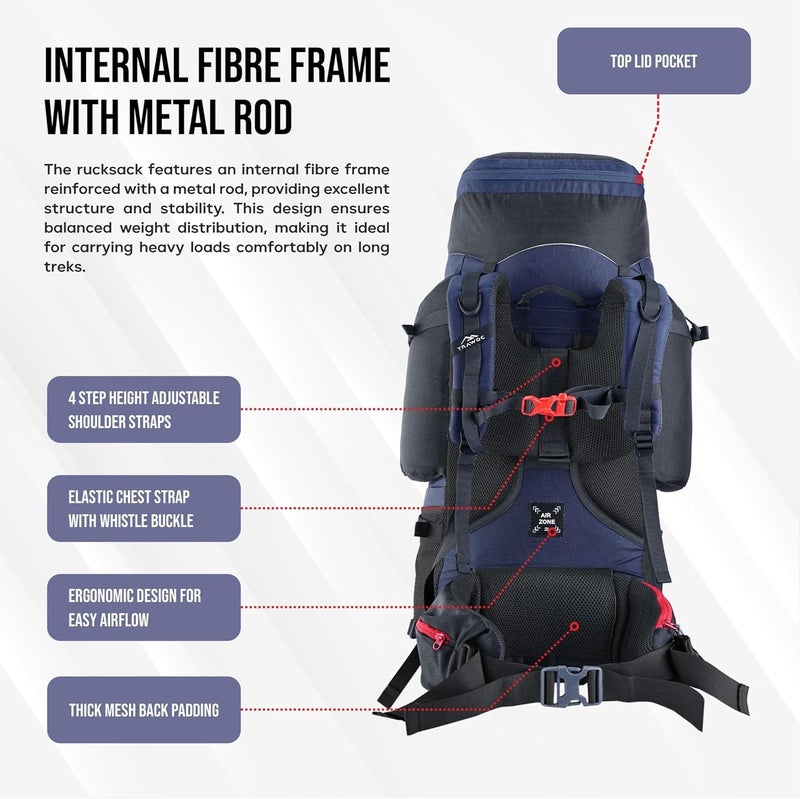 Trawoc Internal Metal & Fiber Frame 80 Liter (70+10) Travel Backpack with Detachable Daypack | Laptop Sleeve, Rain Cover and Shoe Compartment BHK012 - Image 3