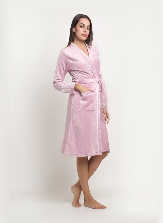 Arrabi Warm Fleece Pink Solid Wool Drawstring Knee Length Bath Robe - Image 3