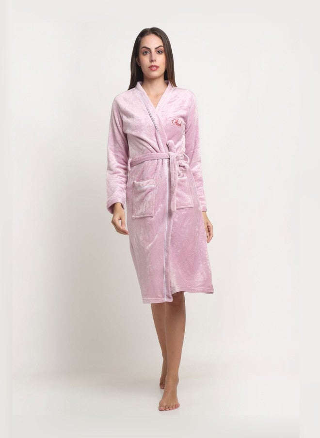 Arrabi Warm Fleece Pink Solid Wool Drawstring Knee Length Bath Robe - Image 2