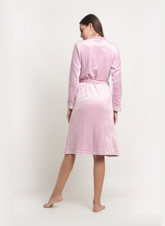 Arrabi Warm Fleece Pink Solid Wool Drawstring Knee Length Bath Robe - Image 4