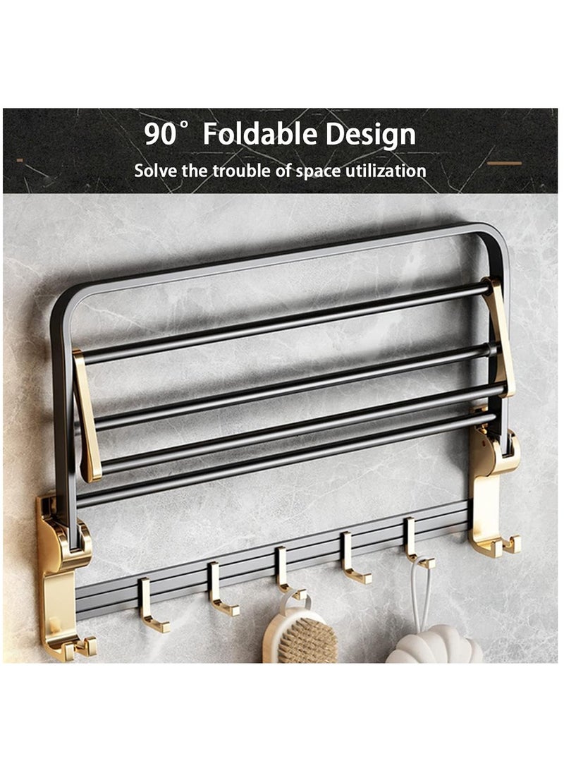 Bathroom Shelf,  Foldable Towel Rack with Shelf and Hooks,  Wall Mounted Towel Hanger for Restroom, Closets, 60cm