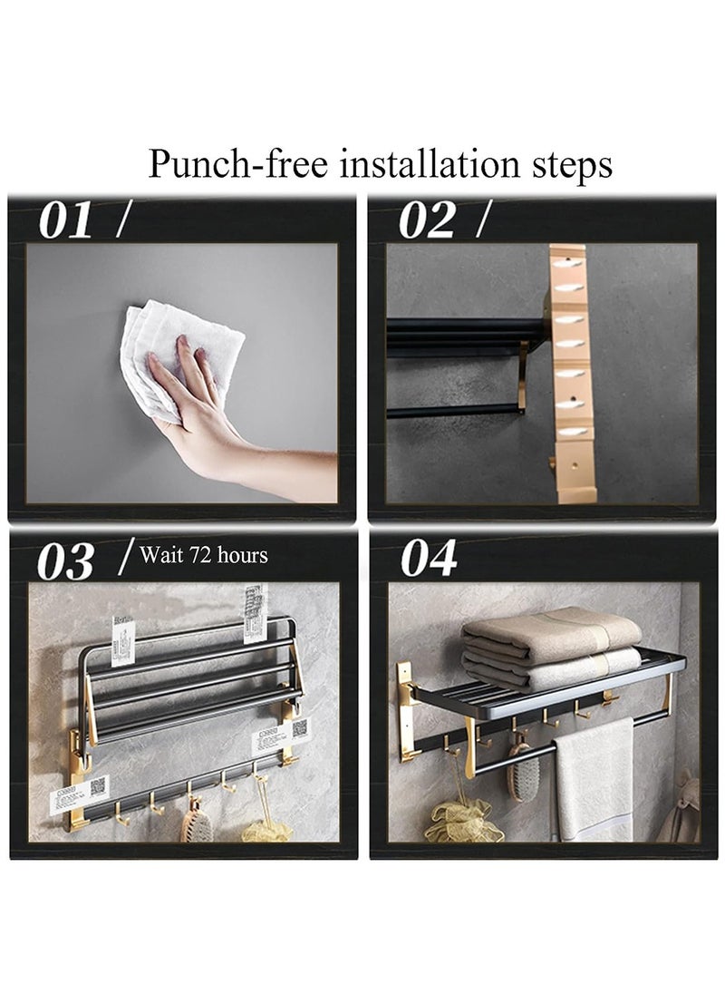 Bathroom Shelf,  Foldable Towel Rack with Shelf and Hooks,  Wall Mounted Towel Hanger for Restroom, Closets, 60cm