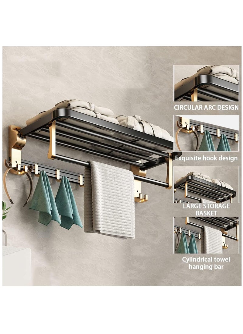 Bathroom Shelf,  Foldable Towel Rack with Shelf and Hooks,  Wall Mounted Towel Hanger for Restroom, Closets, 60cm