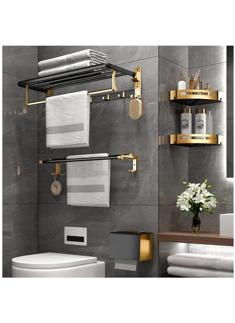 Bathroom Shelf,  Foldable Towel Rack with Shelf and Hooks,  Wall Mounted Towel Hanger for Restroom, Closets, 60cm
