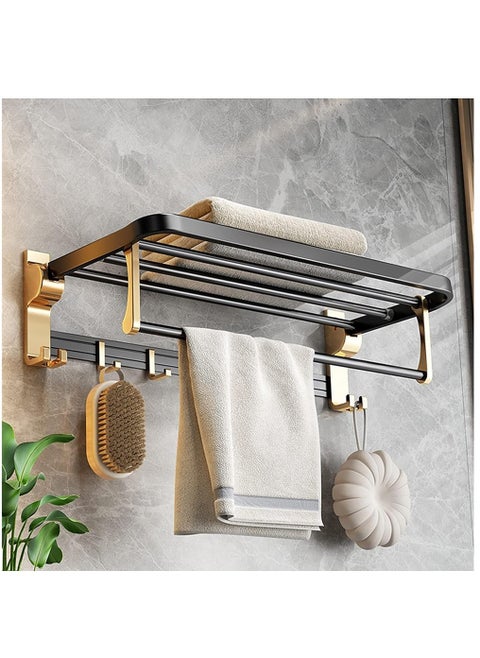 Bathroom Shelf,  Foldable Towel Rack with Shelf and Hooks,  Wall Mounted Towel Hanger for Restroom, Closets, 60cm